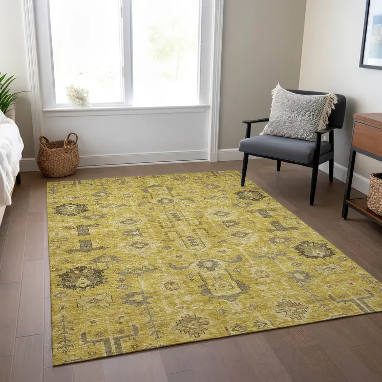 3' X 5' Gold Wheat And Gray Oriental Washable Indoor Outdoor Area Rug