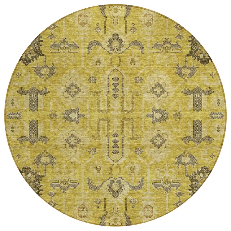 8' Gold Wheat And Gray Round Oriental Washable Indoor Outdoor Area Rug