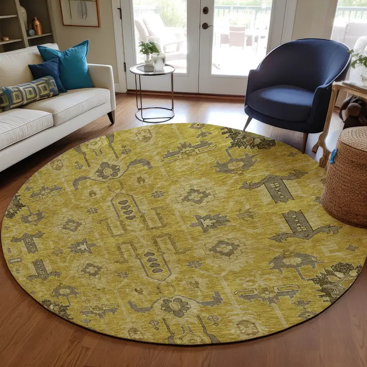 8' Gold Wheat And Gray Round Oriental Washable Indoor Outdoor Area Rug