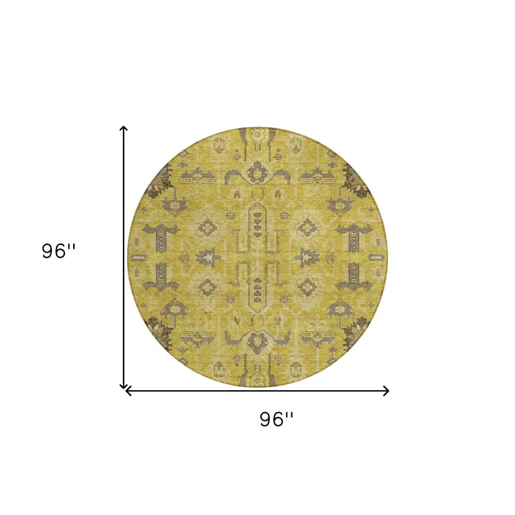 8' Gold Wheat And Gray Round Oriental Washable Indoor Outdoor Area Rug
