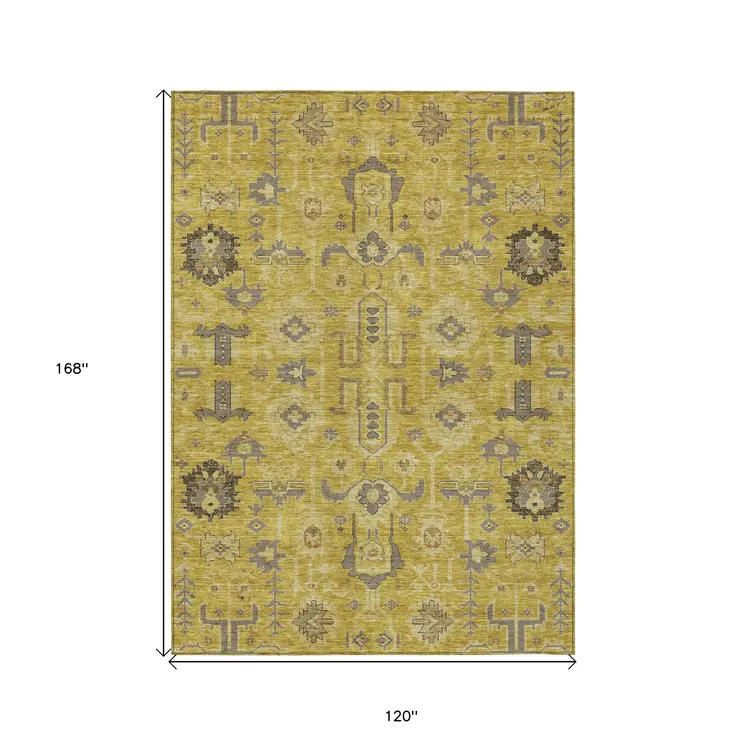 10' X 14' Gold Wheat And Gray Oriental Washable Indoor Outdoor Area Rug