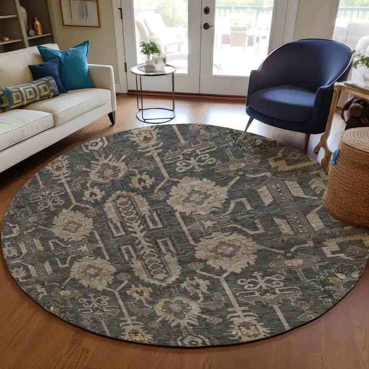 8' Gray Silver And Beige Round Oriental Washable Indoor Outdoor Area Rug