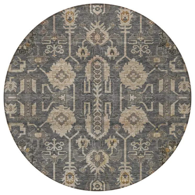 8' Gray Silver And Beige Round Oriental Washable Indoor Outdoor Area Rug