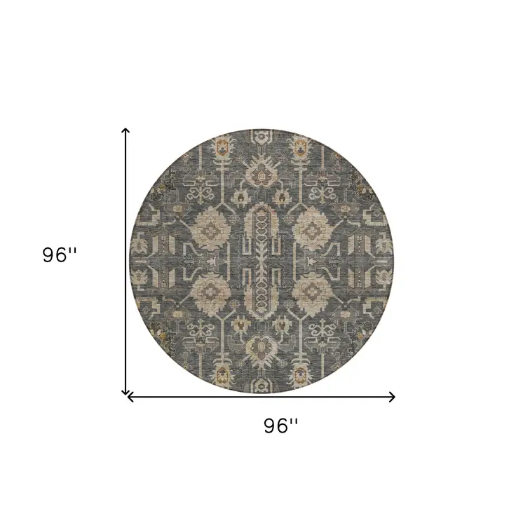 8' Gray Silver And Beige Round Oriental Washable Indoor Outdoor Area Rug