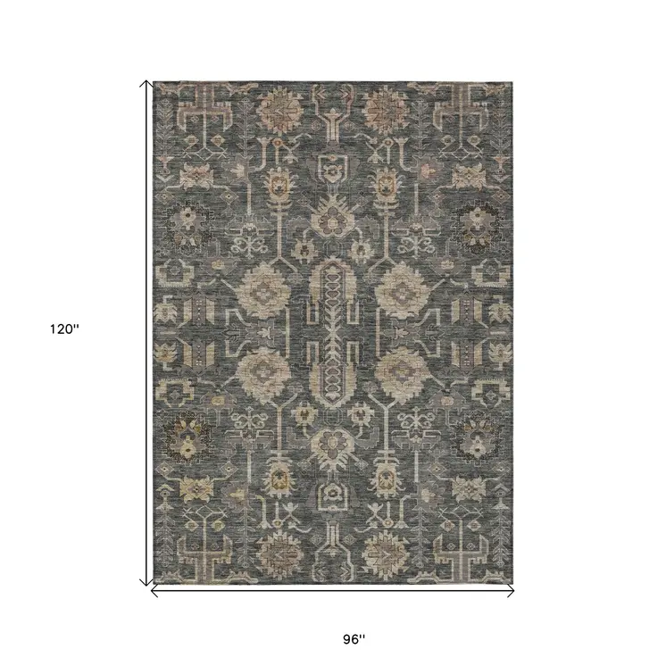 8' X 10' Gray Silver And Beige Oriental Washable Indoor Outdoor Area Rug