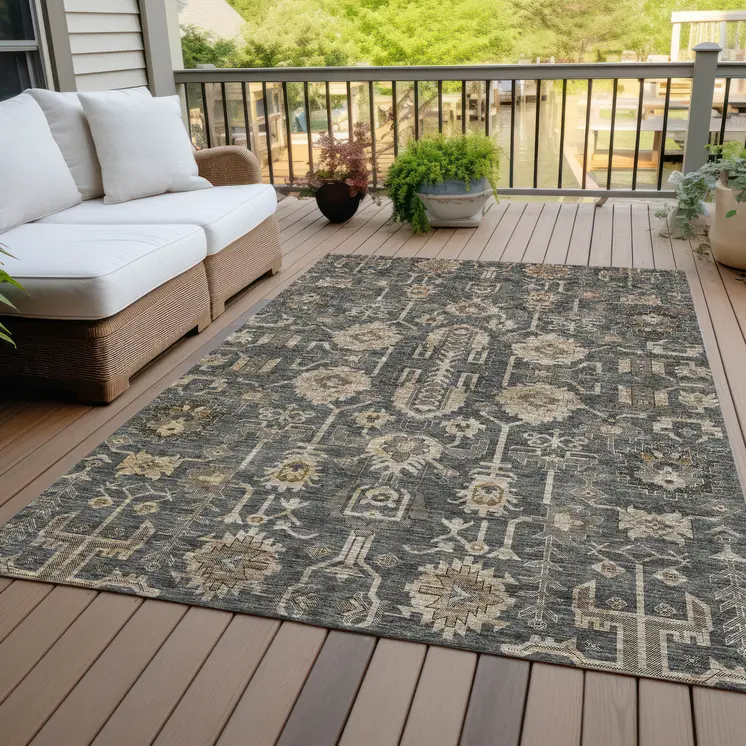 8' X 10' Gray Silver And Beige Oriental Washable Indoor Outdoor Area Rug