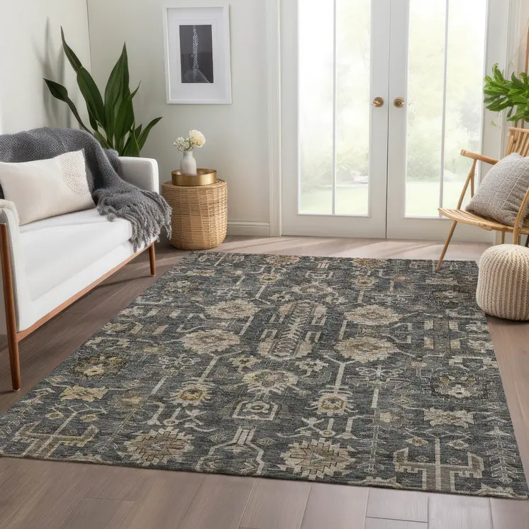 8' X 10' Gray Silver And Beige Oriental Washable Indoor Outdoor Area Rug
