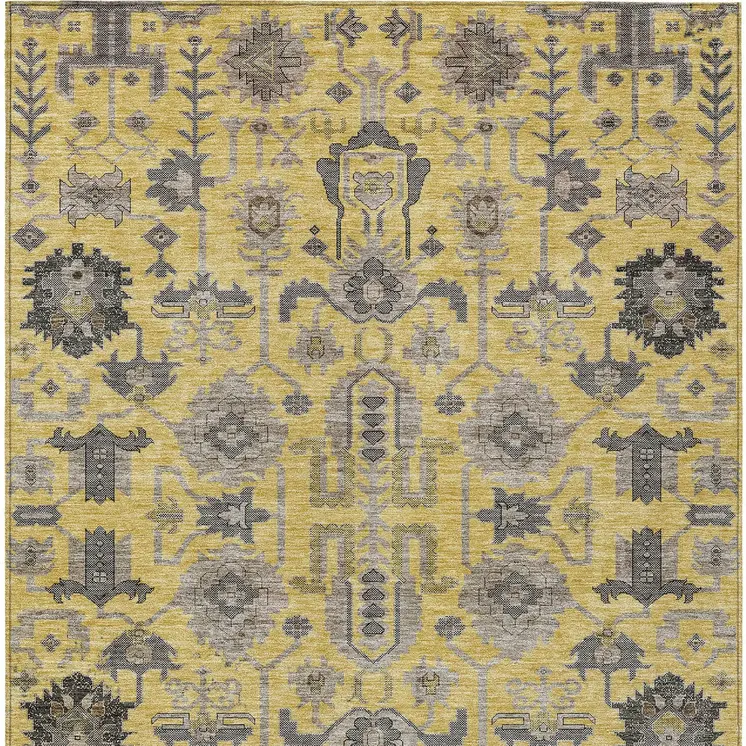 3' X 5' Yellow Gray And Charcoal Oriental Washable Indoor Outdoor Area Rug