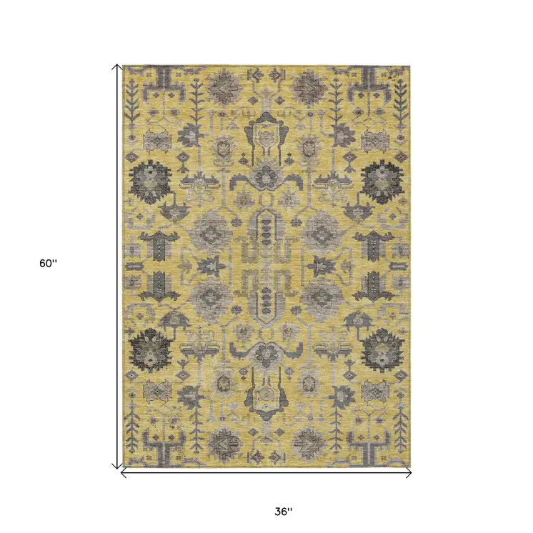 3' X 5' Yellow Gray And Charcoal Oriental Washable Indoor Outdoor Area Rug