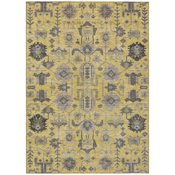 3' X 5' Yellow Gray And Charcoal Oriental Washable Indoor Outdoor Area Rug