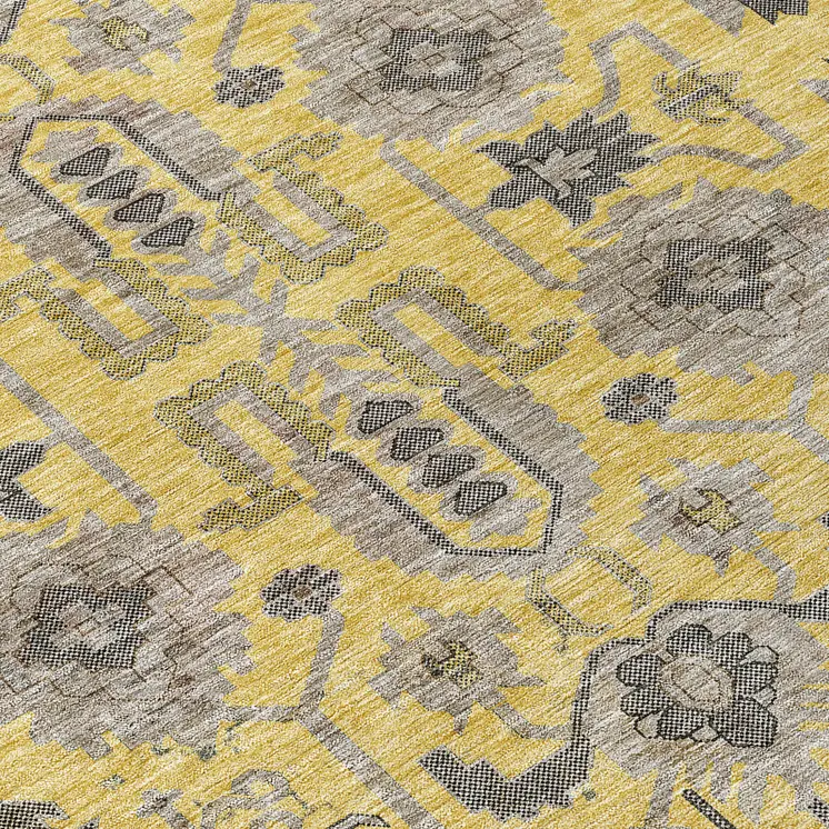 3' X 5' Yellow Gray And Charcoal Oriental Washable Indoor Outdoor Area Rug