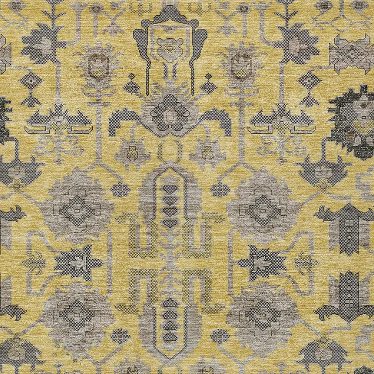 5' X 8' Yellow Gray And Charcoal Oriental Washable Indoor Outdoor Area Rug