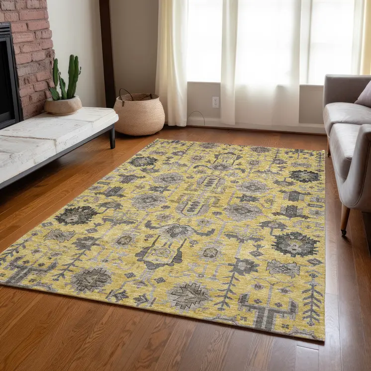 5' X 8' Yellow Gray And Charcoal Oriental Washable Indoor Outdoor Area Rug