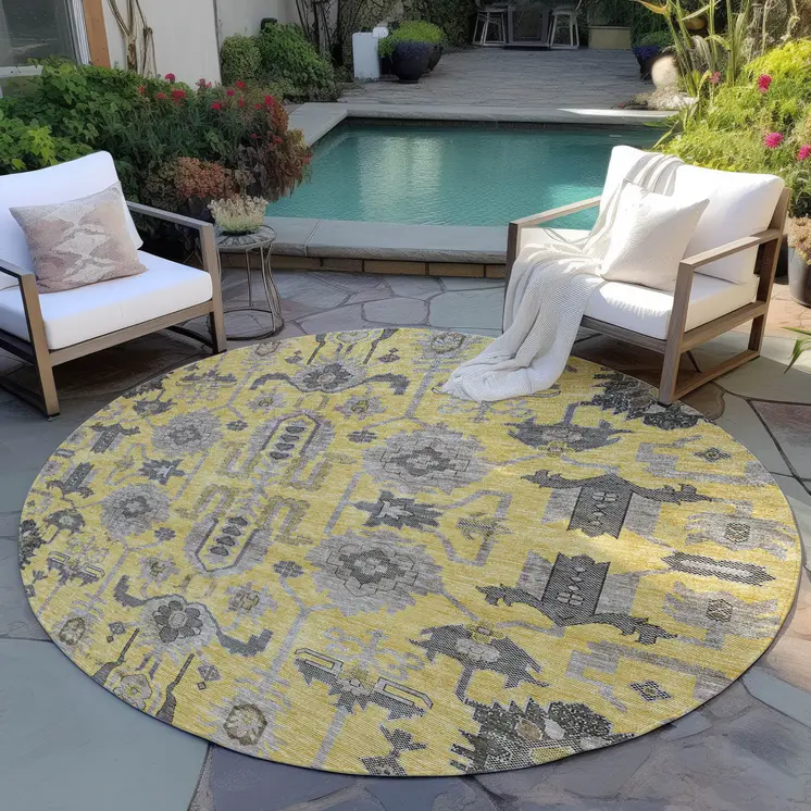 8' Yellow Gray And Charcoal Round Oriental Washable Indoor Outdoor Area Rug