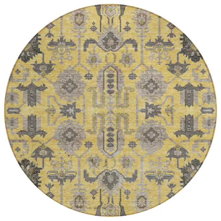 8' Yellow Gray And Charcoal Round Oriental Washable Indoor Outdoor Area Rug