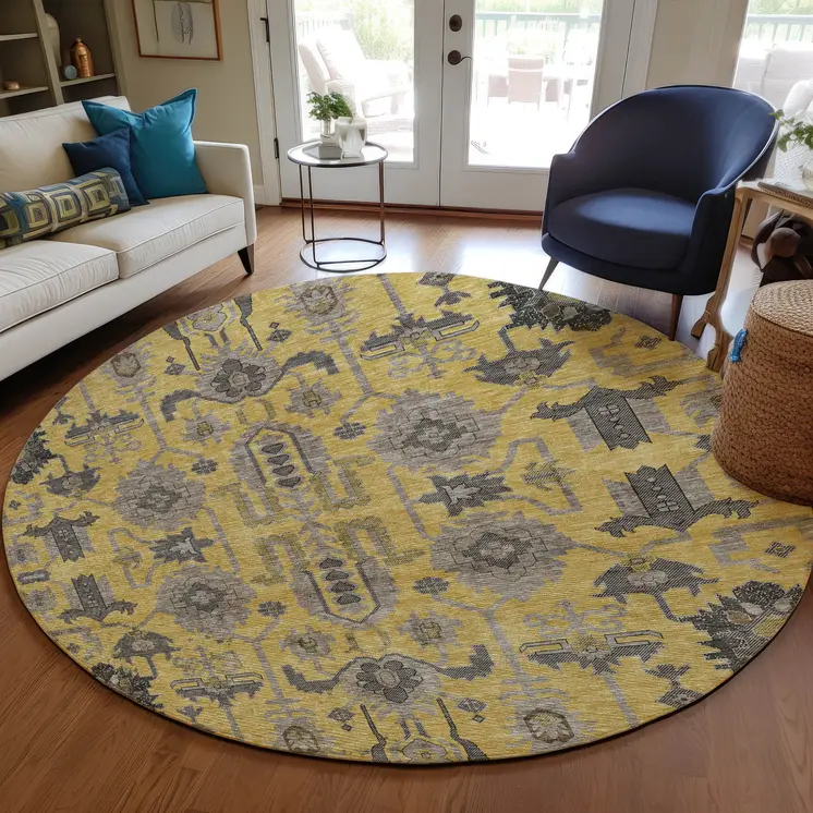 8' Yellow Gray And Charcoal Round Oriental Washable Indoor Outdoor Area Rug