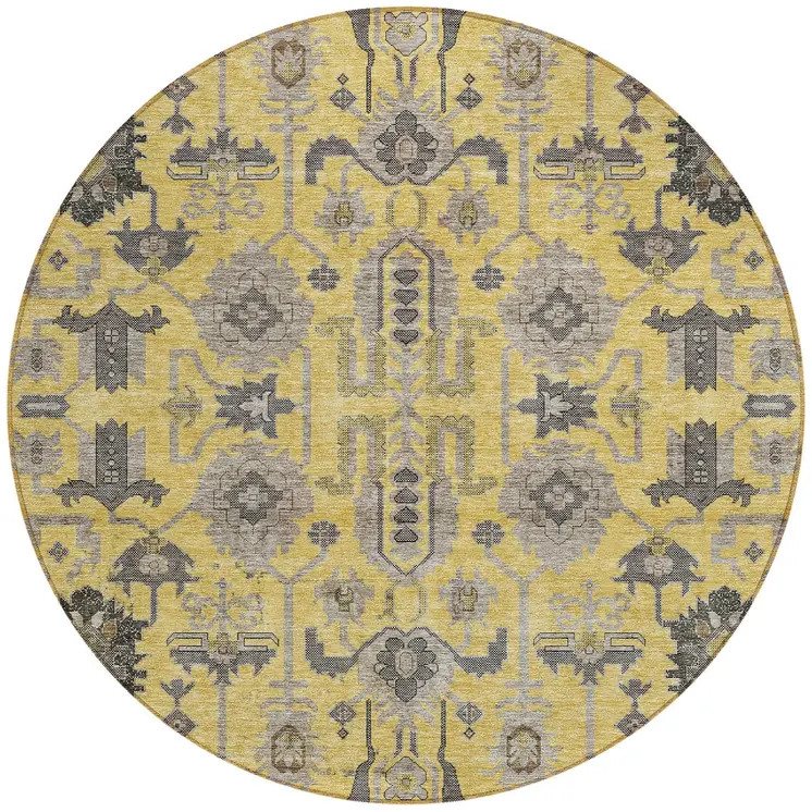 8' Yellow Gray And Charcoal Round Oriental Washable Indoor Outdoor Area Rug