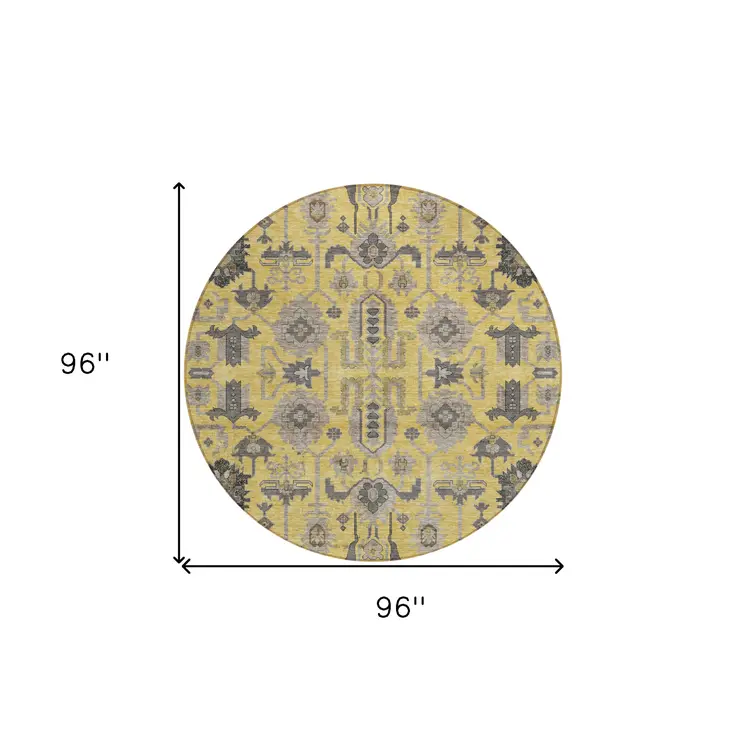 8' Yellow Gray And Charcoal Round Oriental Washable Indoor Outdoor Area Rug