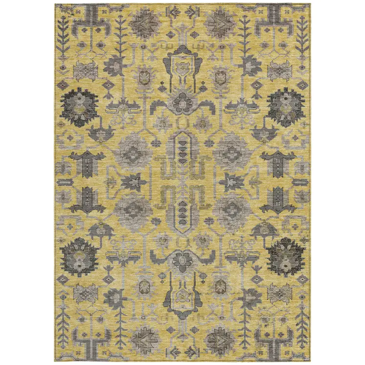 8' X 10' Yellow Gray And Charcoal Oriental Washable Indoor Outdoor Area Rug