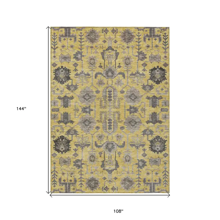 9' X 12' Yellow Gray And Charcoal Oriental Washable Indoor Outdoor Area Rug
