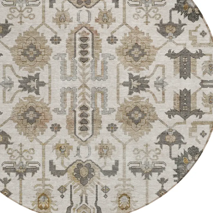 8' Ivory Beige And Taupe Round Oriental Washable Indoor Outdoor Area Rug