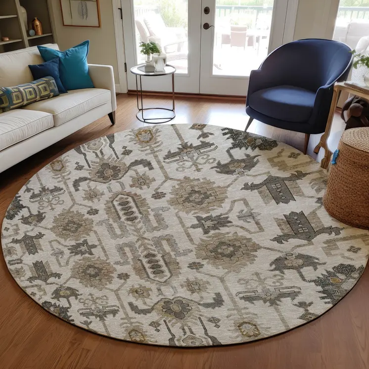 8' Ivory Beige And Taupe Round Oriental Washable Indoor Outdoor Area Rug