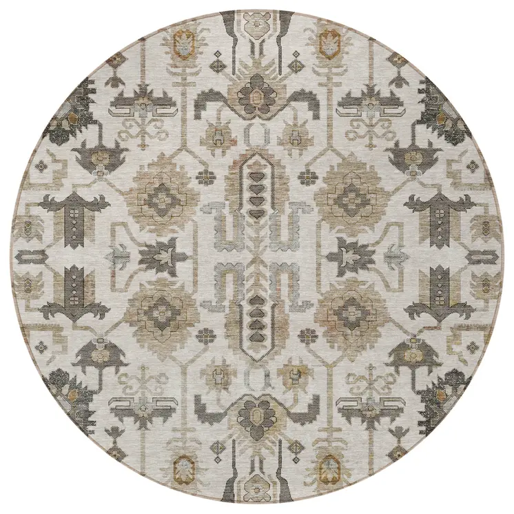 8' Ivory Beige And Taupe Round Oriental Washable Indoor Outdoor Area Rug