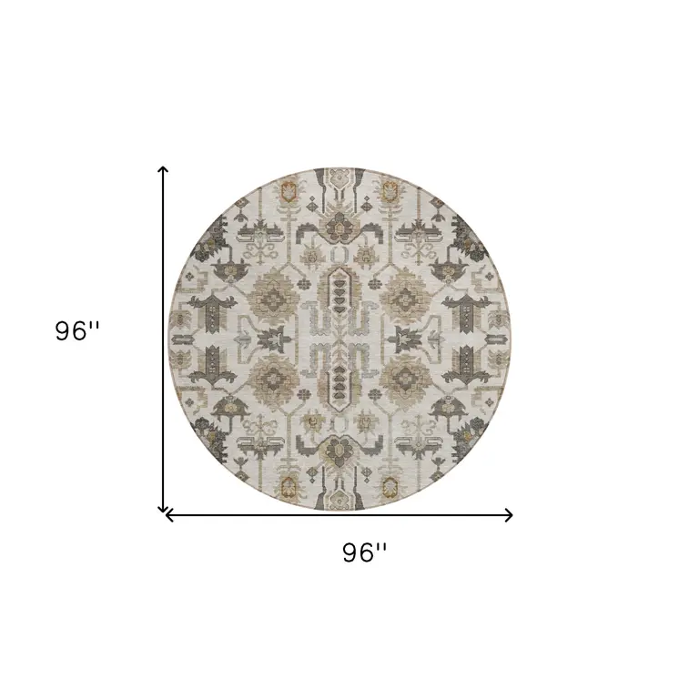 8' Ivory Beige And Taupe Round Oriental Washable Indoor Outdoor Area Rug