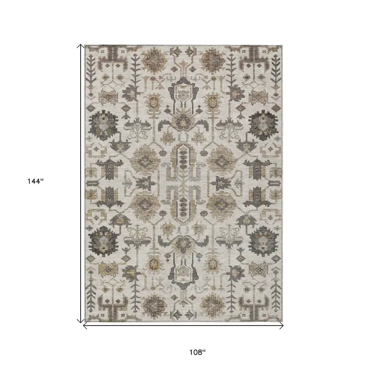9' X 12' Ivory Beige And Taupe Oriental Washable Indoor Outdoor Area Rug