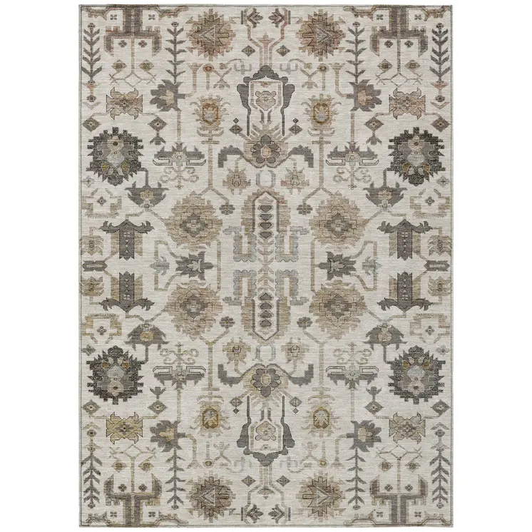 9' X 12' Ivory Beige And Taupe Oriental Washable Indoor Outdoor Area Rug