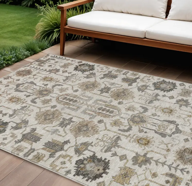 10' X 14' Ivory Beige And Taupe Oriental Washable Indoor Outdoor Area Rug