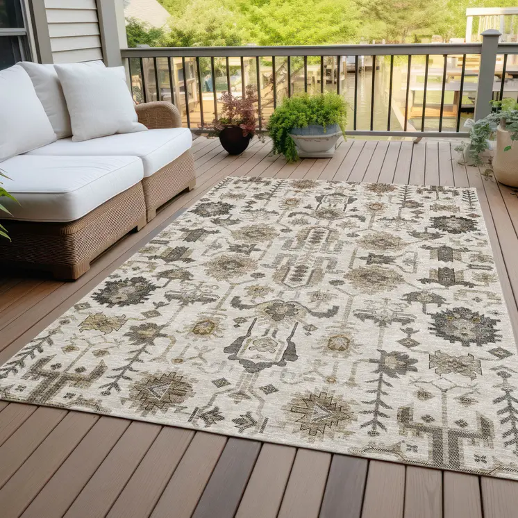 10' X 14' Ivory Beige And Taupe Oriental Washable Indoor Outdoor Area Rug