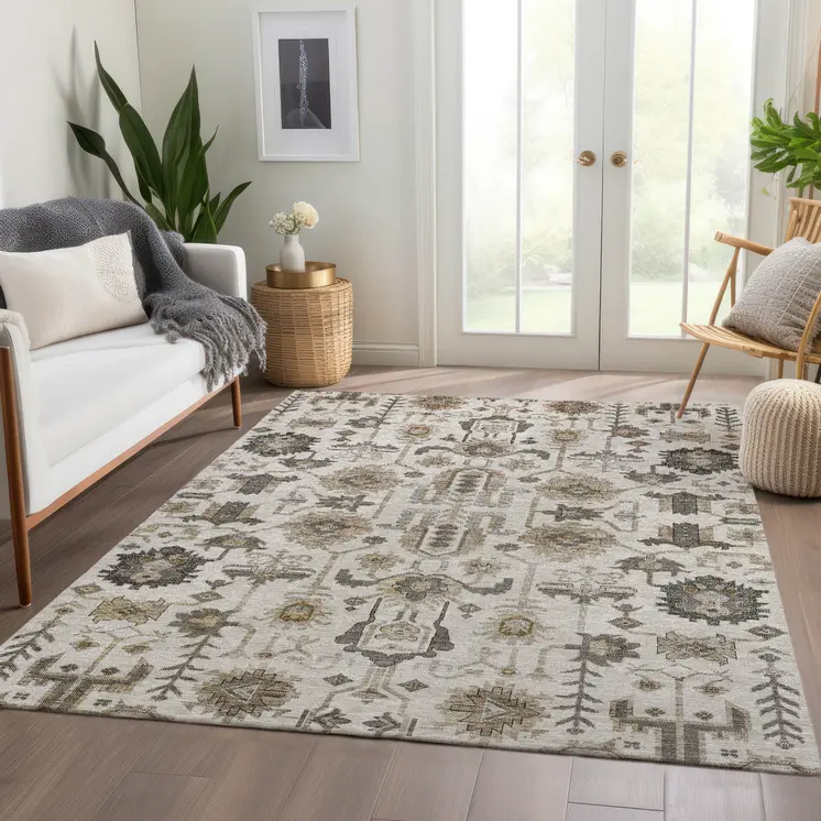10' X 14' Ivory Beige And Taupe Oriental Washable Indoor Outdoor Area Rug