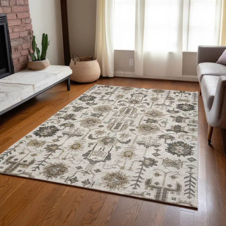 10' X 14' Ivory Beige And Taupe Oriental Washable Indoor Outdoor Area Rug