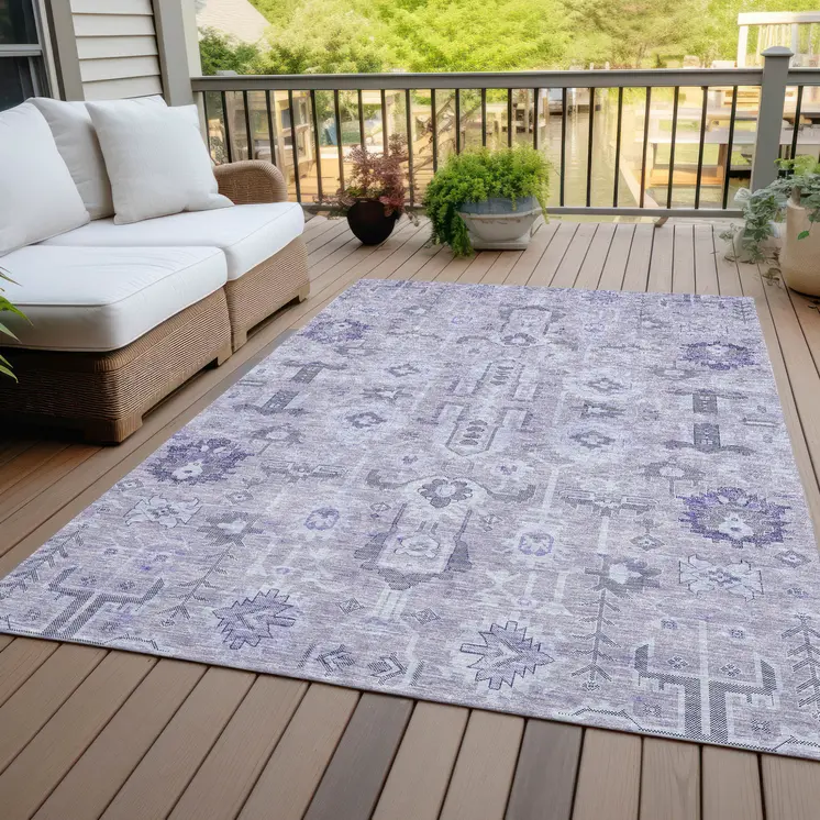5' X 8' Lavender Purple And Gray Oriental Washable Indoor Outdoor Area Rug
