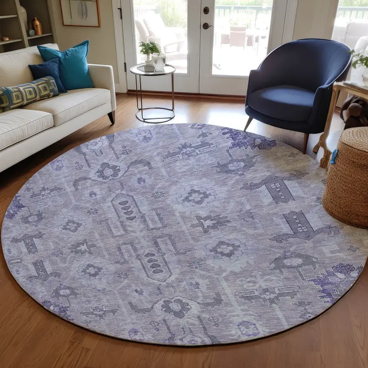 8' Lavender Purple And Gray Round Oriental Washable Indoor Outdoor Area Rug