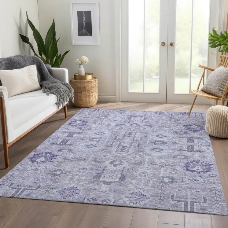 10' X 14' Lavender Purple And Gray Oriental Washable Indoor Outdoor Area Rug