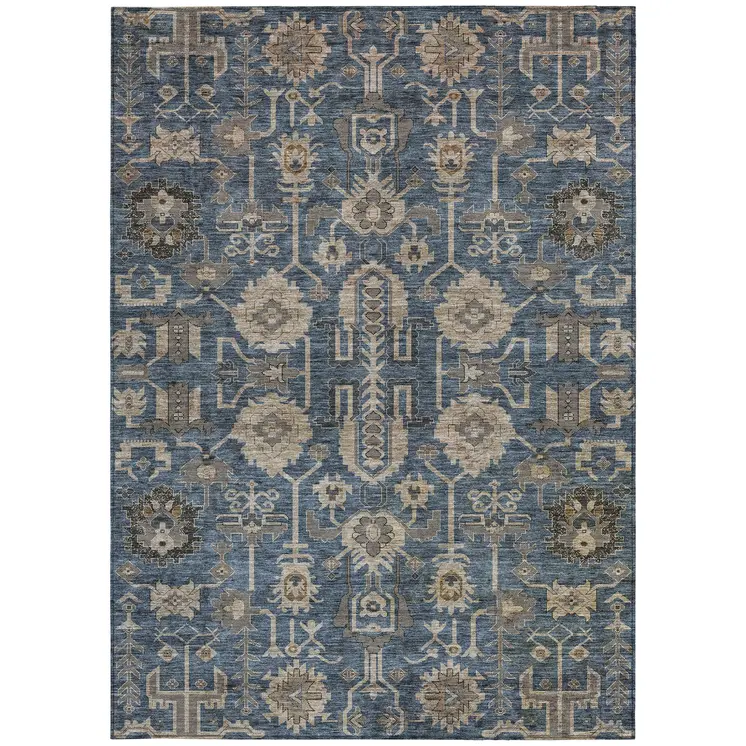 3' X 5' Navy Blue Beige And Taupe Oriental Washable Indoor Outdoor Area Rug