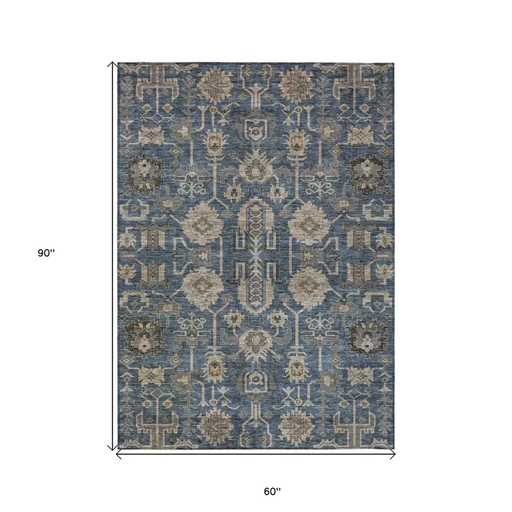 5' X 8' Navy Blue Beige And Taupe Oriental Washable Indoor Outdoor Area Rug