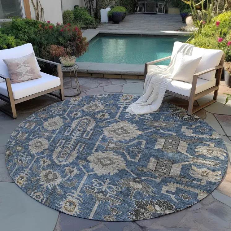 8' Navy Blue Beige And Taupe Round Oriental Washable Indoor Outdoor Area Rug