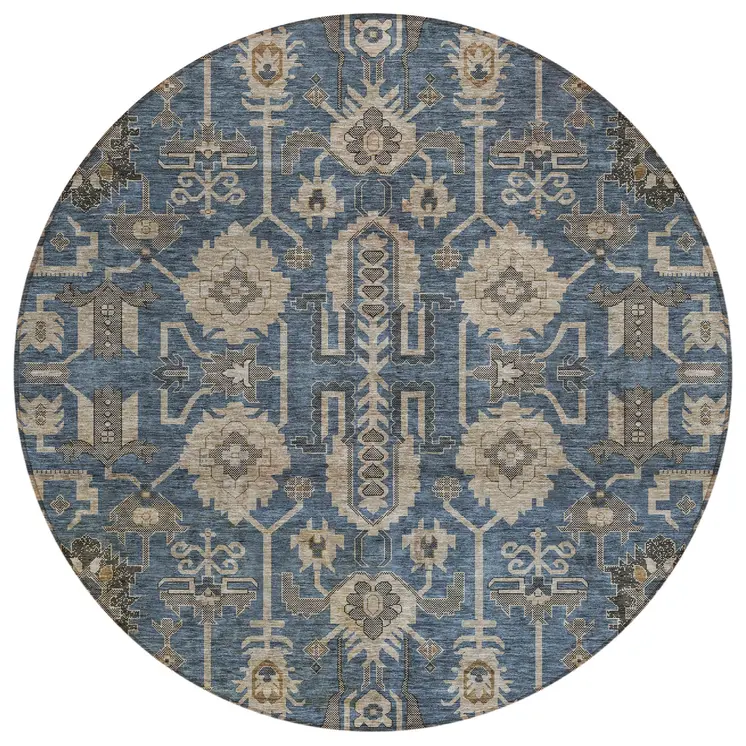 8' Navy Blue Beige And Taupe Round Oriental Washable Indoor Outdoor Area Rug