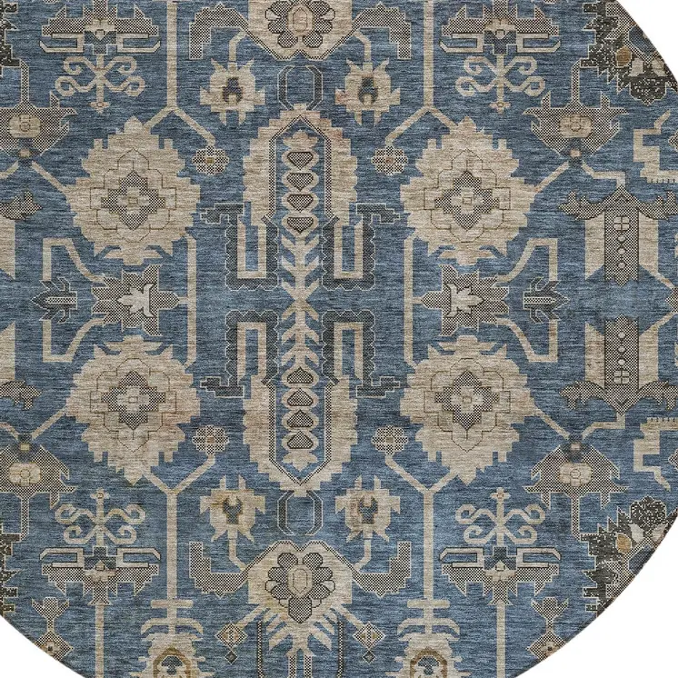 8' Navy Blue Beige And Taupe Round Oriental Washable Indoor Outdoor Area Rug