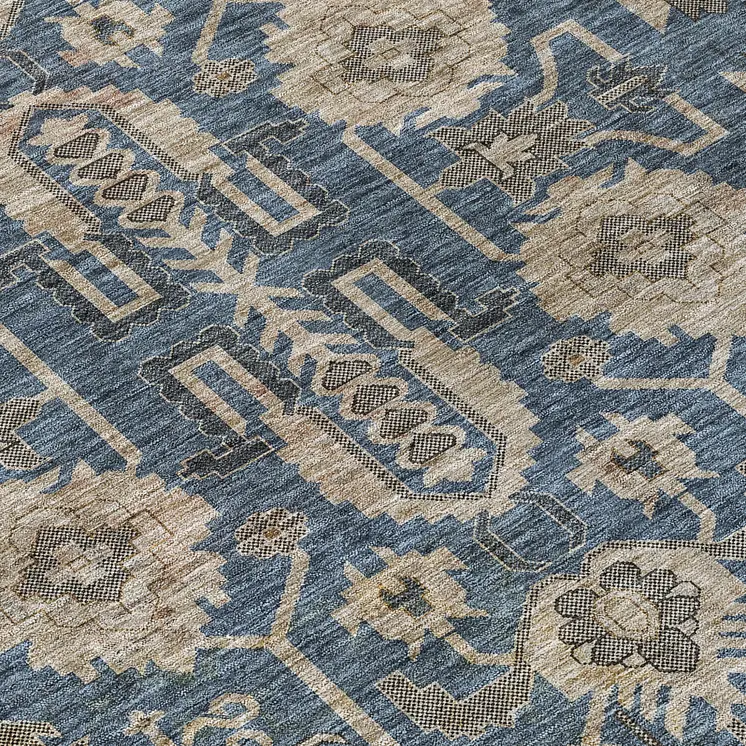 8' Navy Blue Beige And Taupe Round Oriental Washable Indoor Outdoor Area Rug