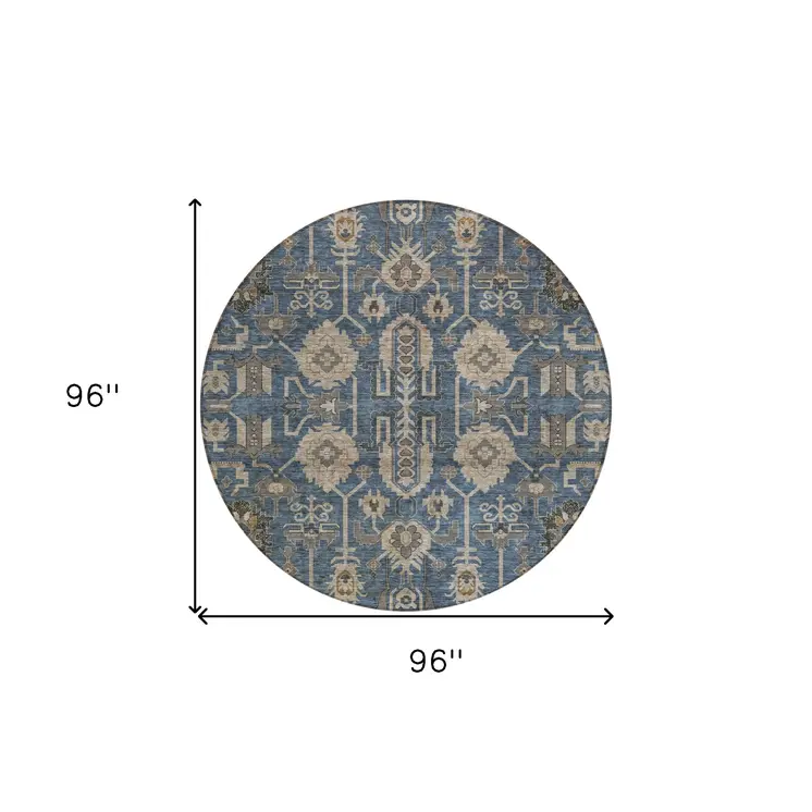 8' Navy Blue Beige And Taupe Round Oriental Washable Indoor Outdoor Area Rug