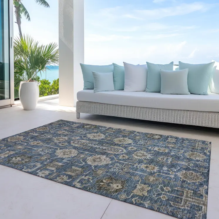 8' X 10' Navy Blue Beige And Taupe Oriental Washable Indoor Outdoor Area Rug