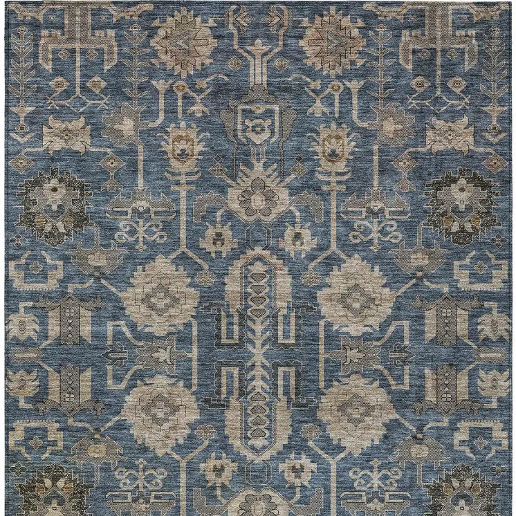 10' X 14' Navy Blue Beige And Taupe Oriental Washable Indoor Outdoor Area Rug