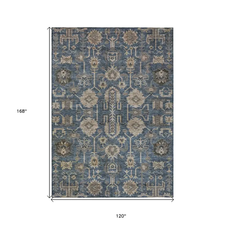 10' X 14' Navy Blue Beige And Taupe Oriental Washable Indoor Outdoor Area Rug