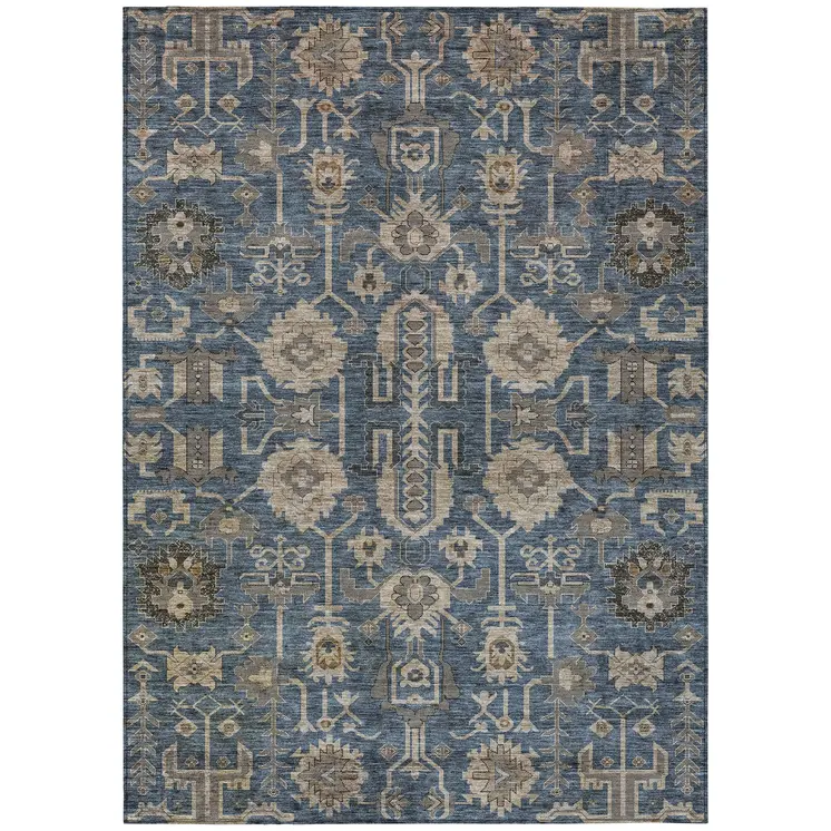 10' X 14' Navy Blue Beige And Taupe Oriental Washable Indoor Outdoor Area Rug