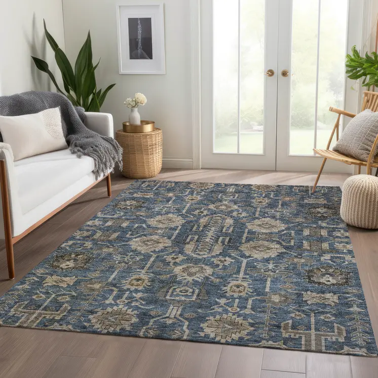 10' X 14' Navy Blue Beige And Taupe Oriental Washable Indoor Outdoor Area Rug