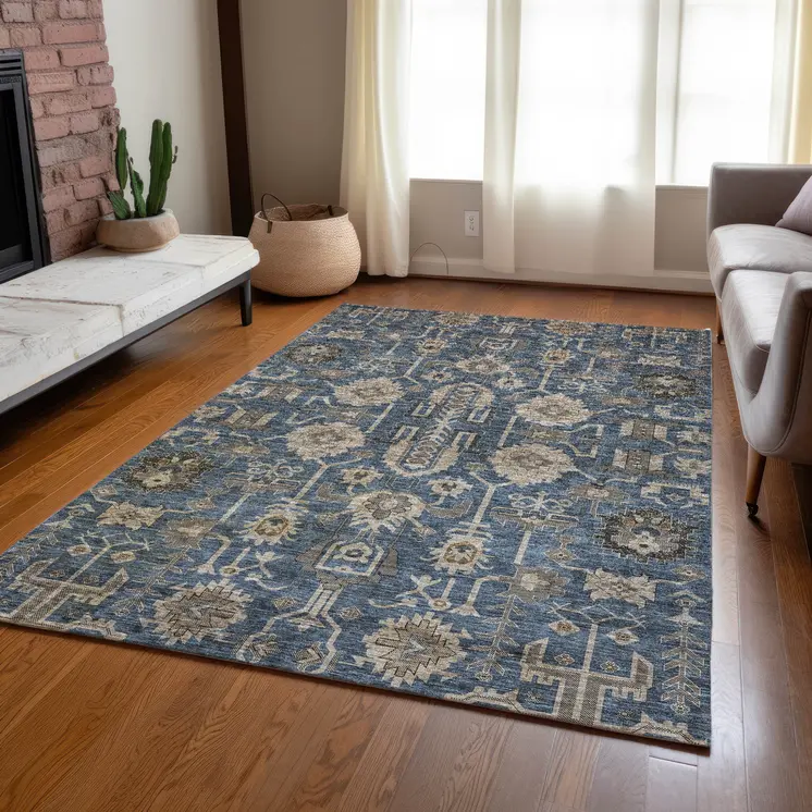 10' X 14' Navy Blue Beige And Taupe Oriental Washable Indoor Outdoor Area Rug